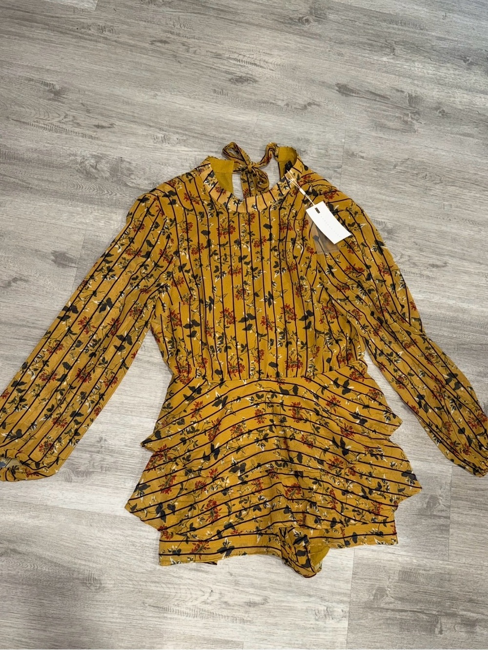 Endless Rose Mustard Floral Striped Tie-Neck Long Sleeve Tunic
